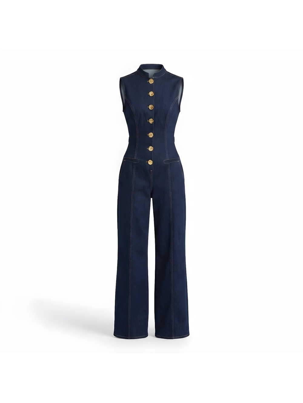 N Nova. Dark up in Blue Sleeveless Denim Jumpsuit with Gold Button Detail